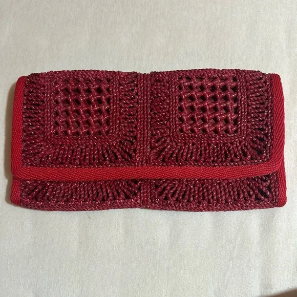 Vintage Purse Italian Made Clutch Red Weaved Straw Lined 70's - Picture 2 of 5